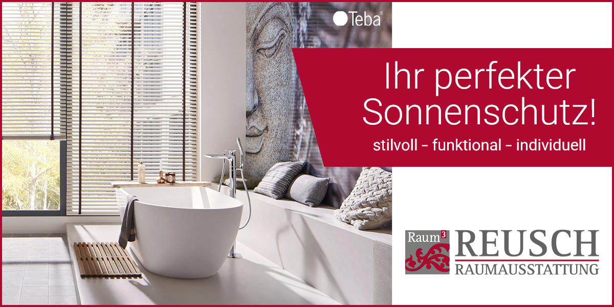 Text: Ihr perfekter Sonnenschutz. Bild: Badezimmer mit Rollos.